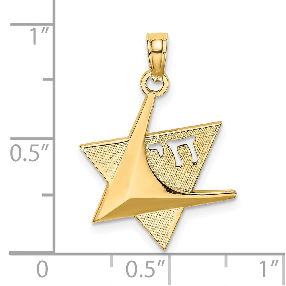 14k Yellow Gold 16 mm Polished Star Of David W/Chai Charm (1.19 grams)