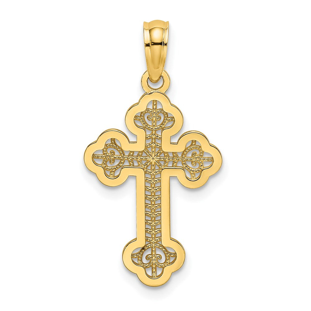 14k Yellow Gold 13 mm Lace Center Budded Cross Charm (0.58 grams)