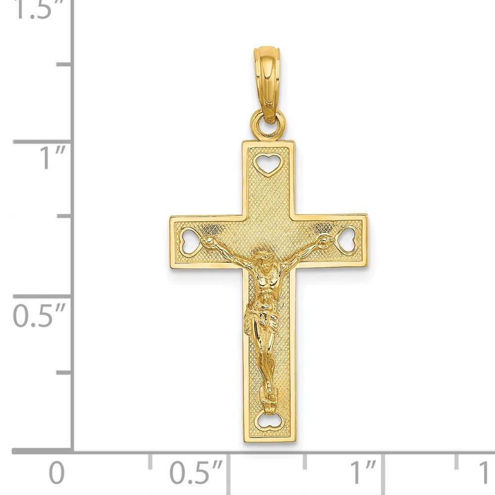14k Yellow Gold 17 mm Cut-Out Heart w/I LOVE JESUS on Reverse Crucifix Charm (1.63 grams)