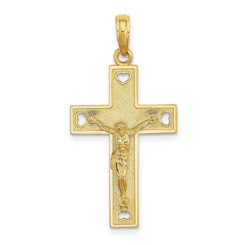 14k Yellow Gold 17 mm Cut-Out Heart w/I LOVE JESUS on Reverse Crucifix Charm