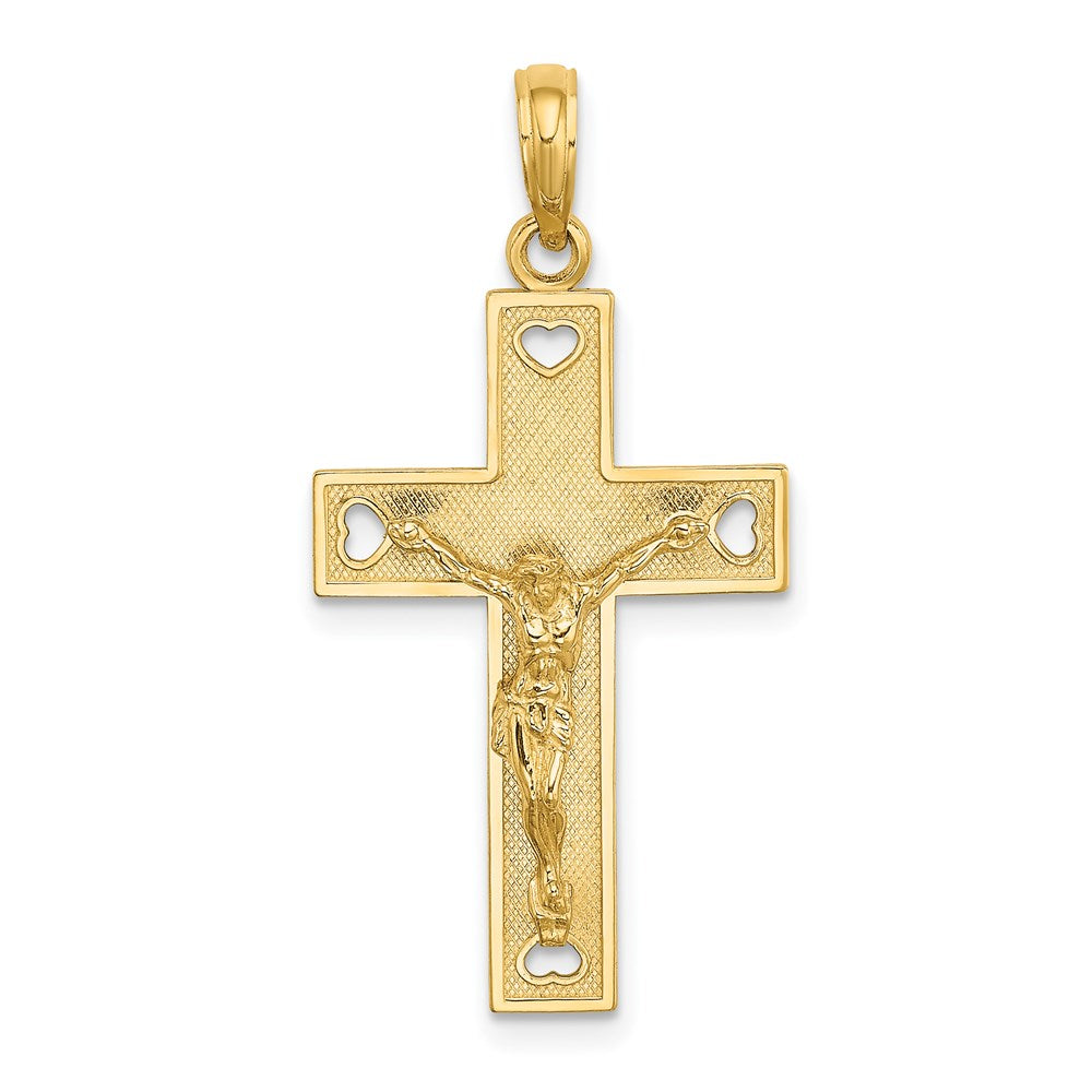 14k Yellow Gold 17 mm Cut-Out Heart w/I LOVE JESUS on Reverse Crucifix Charm (1.63 grams)