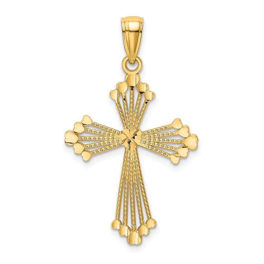 14K Diamond-cut Cut-Out Stripes Cross with Heart Charm (0.97 grams)