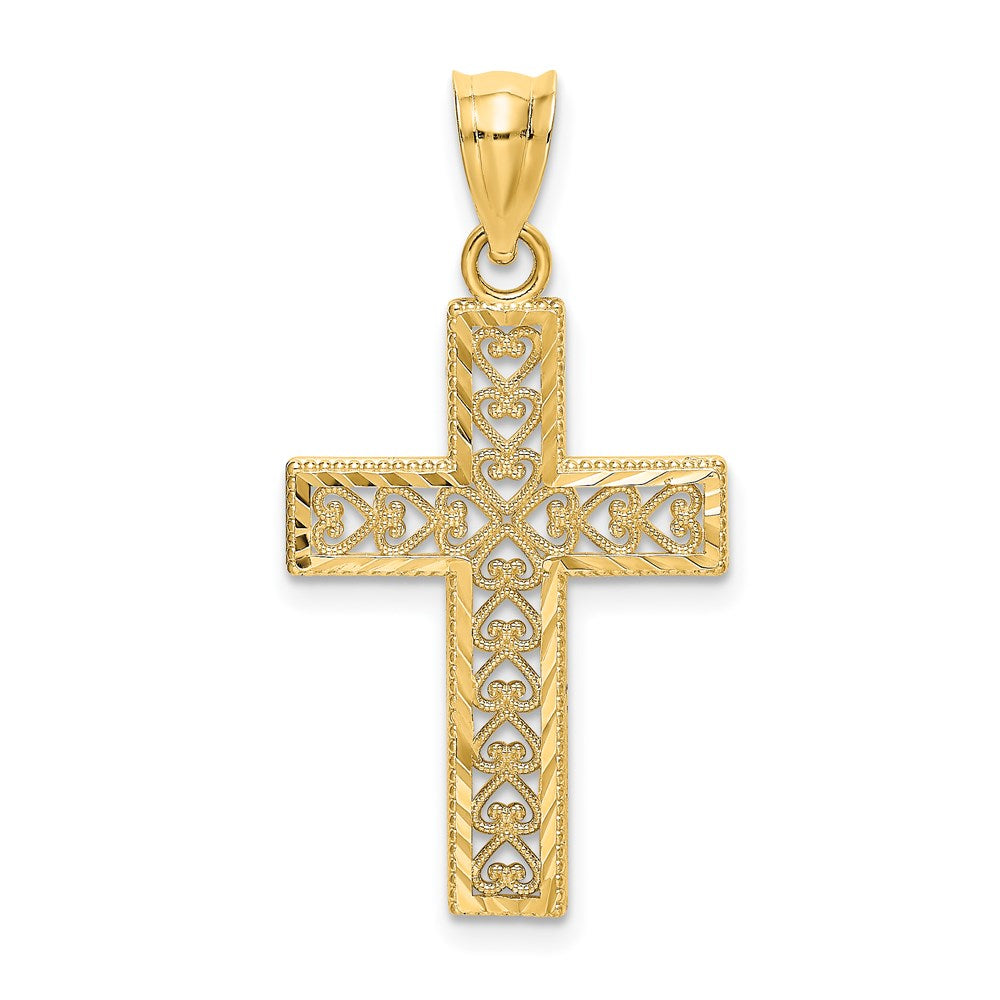 14k Yellow Gold 16 mm D/C Edge and Filigree Center Cross Charm (0.96 grams)