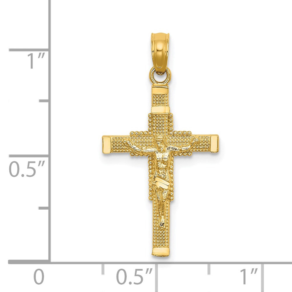 14k Yellow Gold 9 mm Beaded Accent w/ Cross Behind Crucifix Charm (0.81 grams)