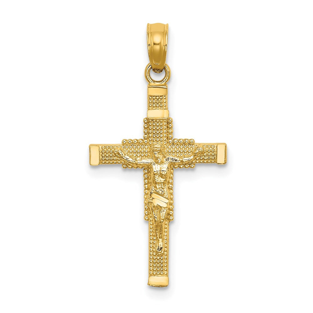 14k Yellow Gold 9 mm Beaded Accent w/ Cross Behind Crucifix Charm (0.81 grams)