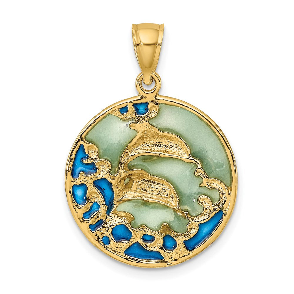 14k Yellow Gold 20 mm 2-D Dolphins w/Blue Enameled Charm (2.67 grams)