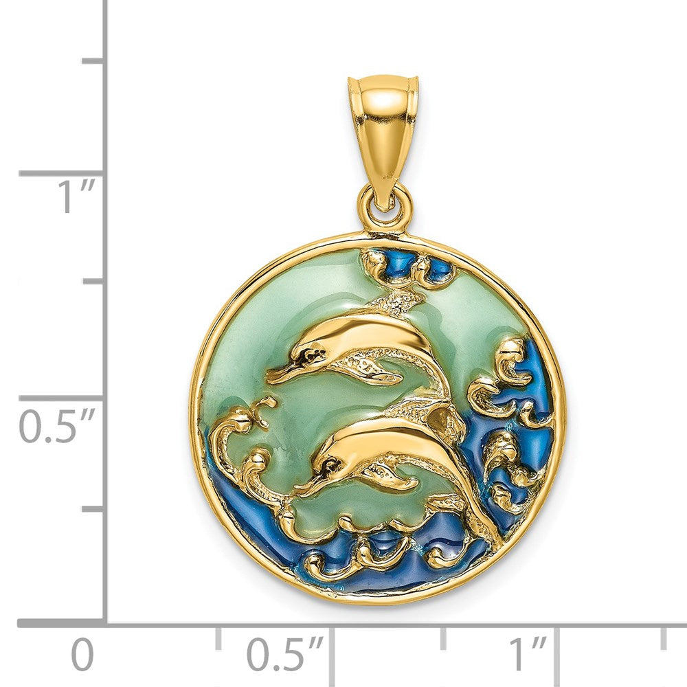 14k Yellow Gold 20 mm 2-D Dolphins w/Blue Enameled Charm (2.67 grams)