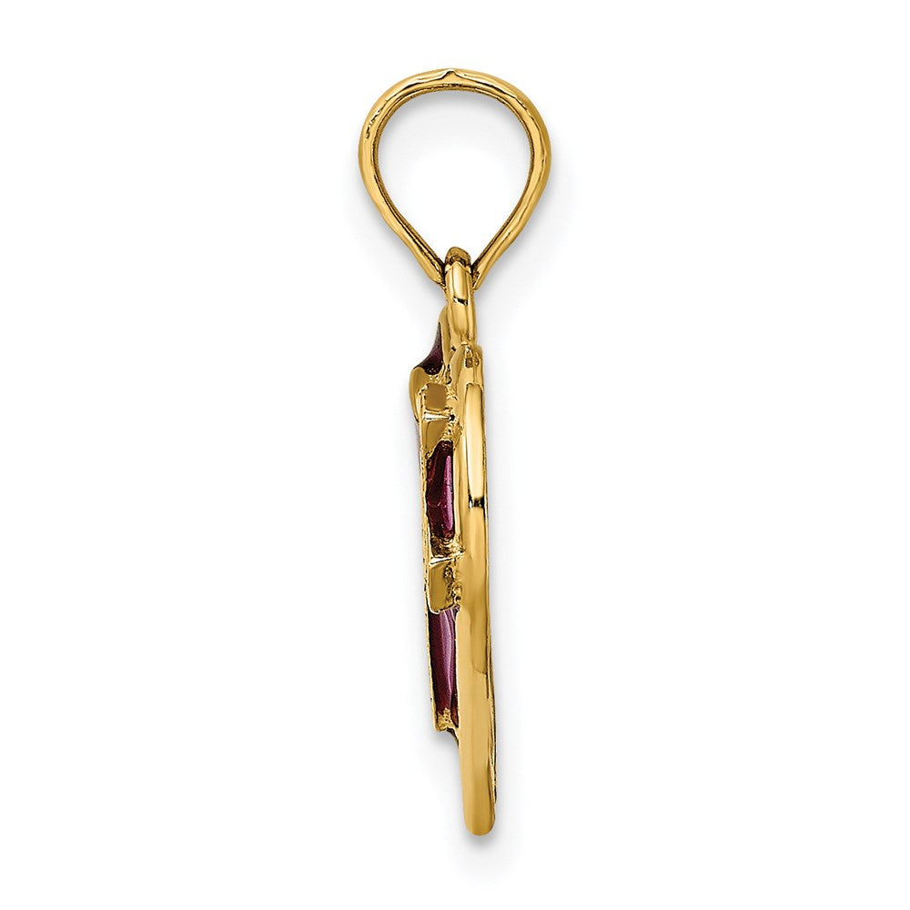 14k Yellow Gold 12 mm W/ Purple Enamel Cross Heart Charm (0.99 grams)