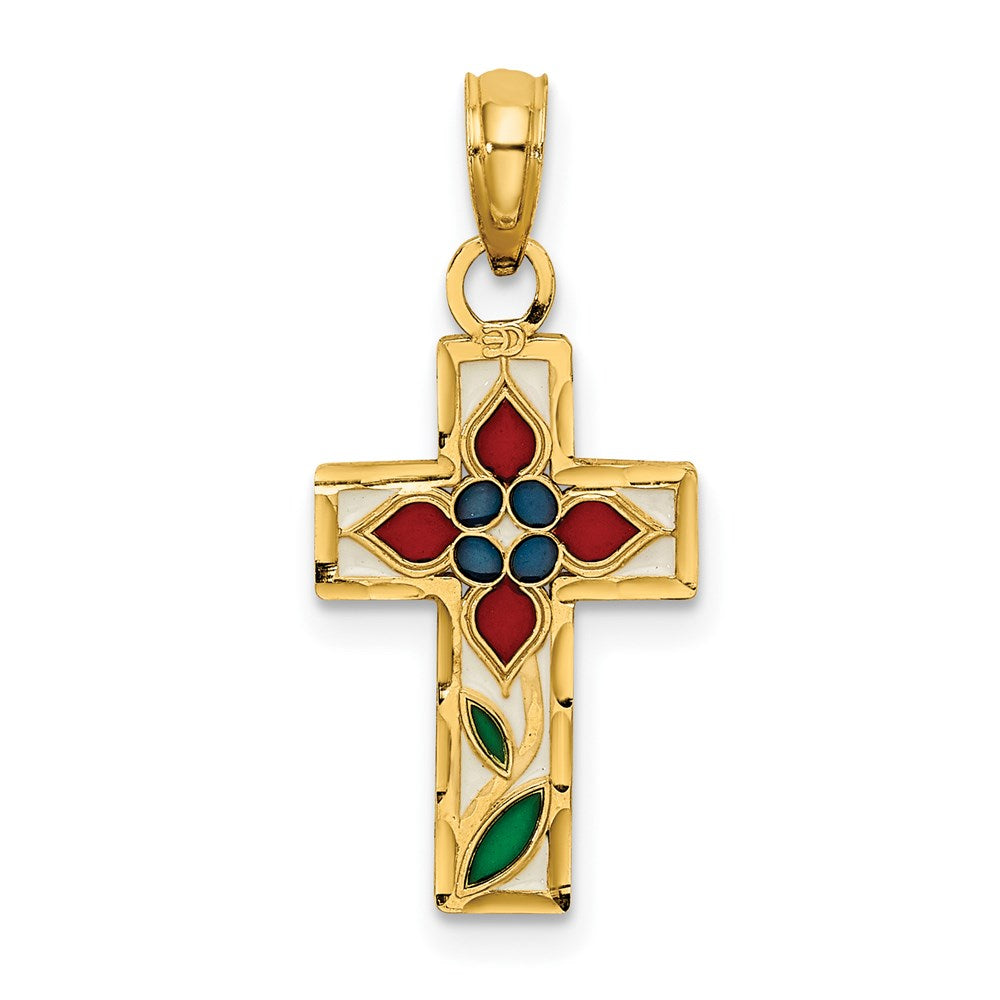 14k Yellow Gold 11 mm Enameled W/ Flower Cross Charm (0.66 grams)