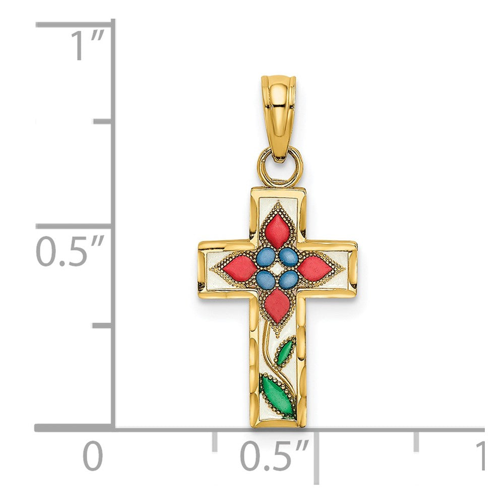 14k Yellow Gold 11 mm Enameled W/ Flower Cross Charm (0.66 grams)