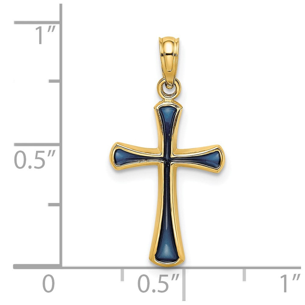 14k Yellow Gold 13 mm Blue Enameled Tapered Cross Charm (0.85 grams)