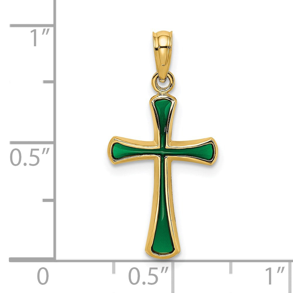 14k Yellow Gold 13 mm Green Enameled Tapered Cross Charm (0.83 grams)