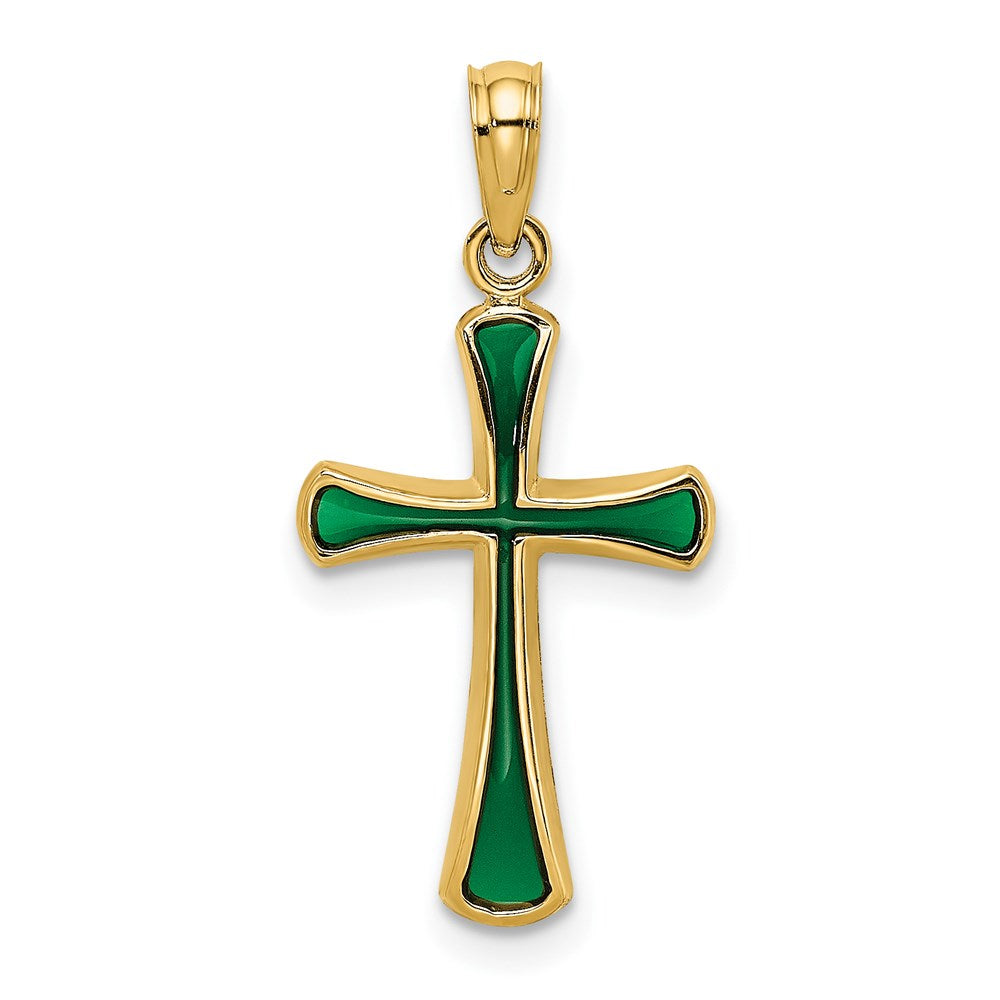 14k Yellow Gold 13 mm Green Enameled Tapered Cross Charm (0.83 grams)