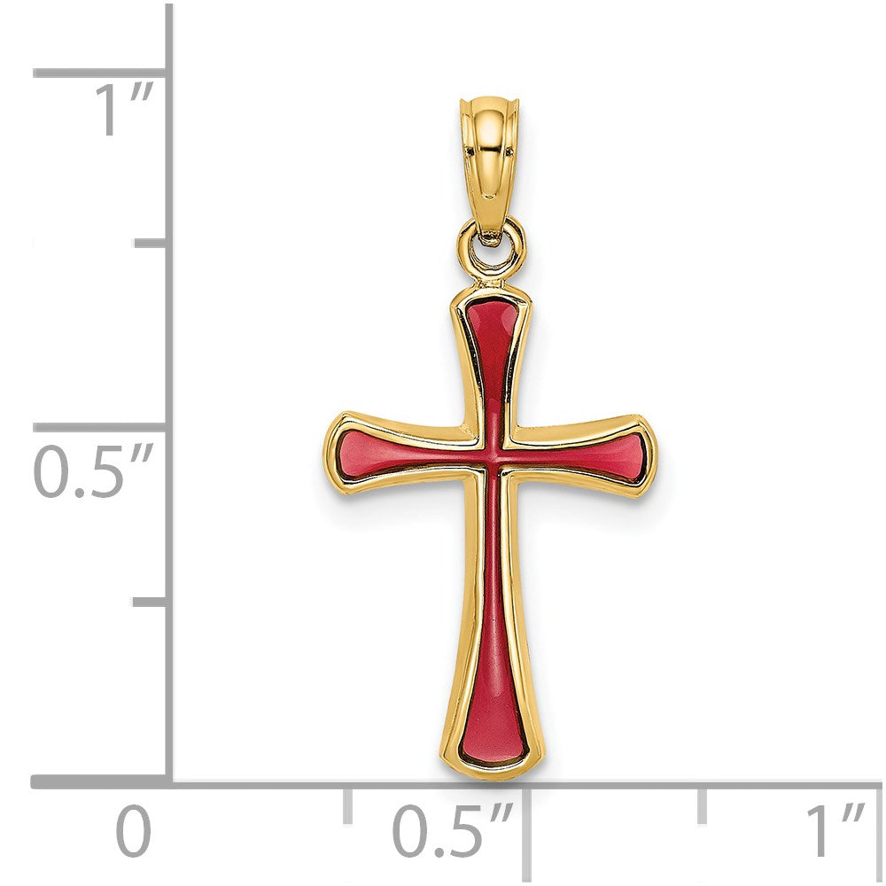 14k Yellow Gold 13 mm Pink Enameled Tapered Cross Charm (0.82 grams)