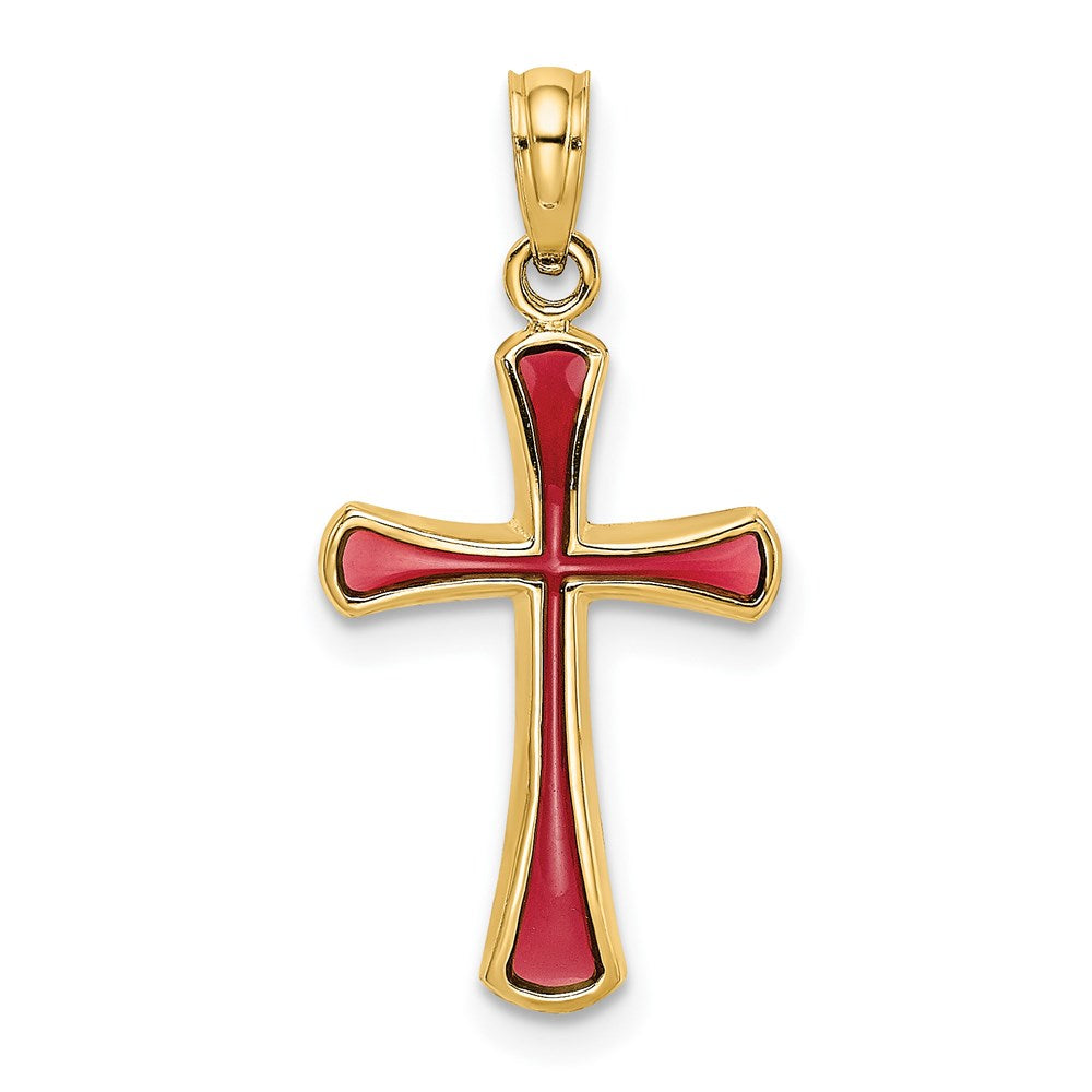 14k Yellow Gold 13 mm Pink Enameled Tapered Cross Charm (0.82 grams)
