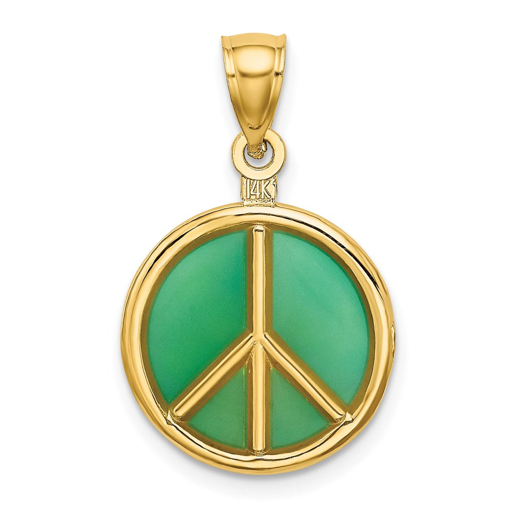 14k Yellow Gold 10.8 mm 3-D Green Enameled Peace Symbol Charm (1.5 grams)