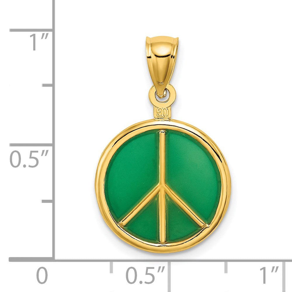14k Yellow Gold 10.8 mm 3-D Green Enameled Peace Symbol Charm (1.5 grams)