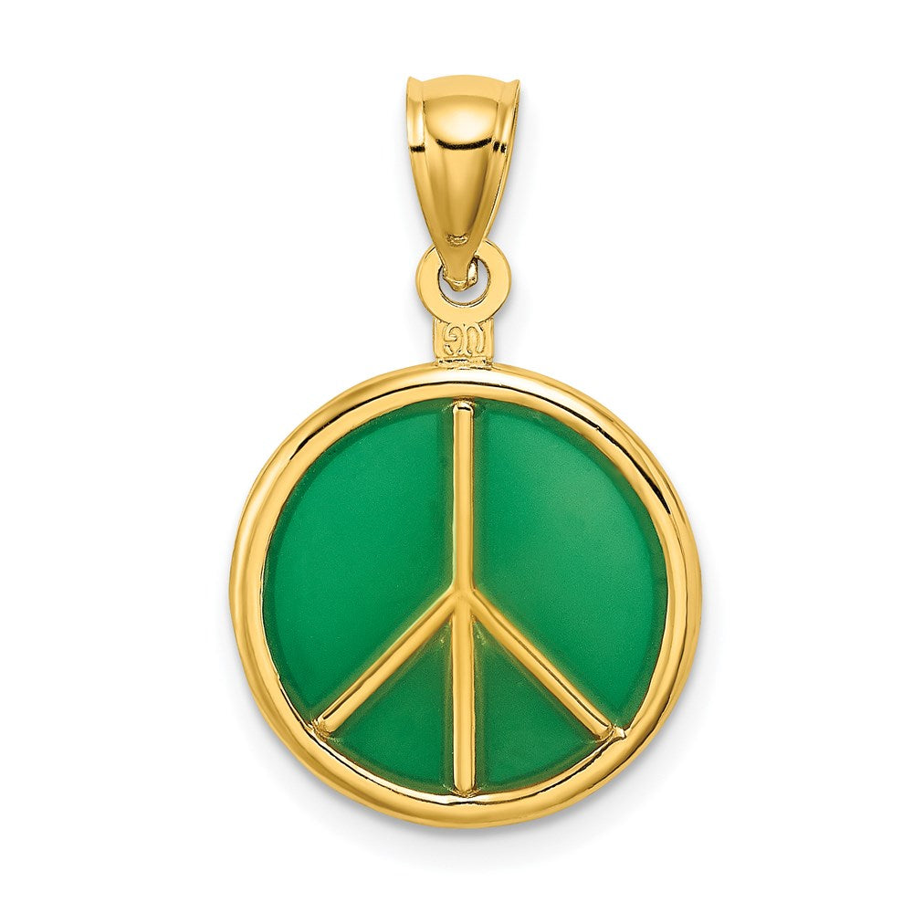 14k Yellow Gold 10.8 mm 3-D Green Enameled Peace Symbol Charm (1.5 grams)