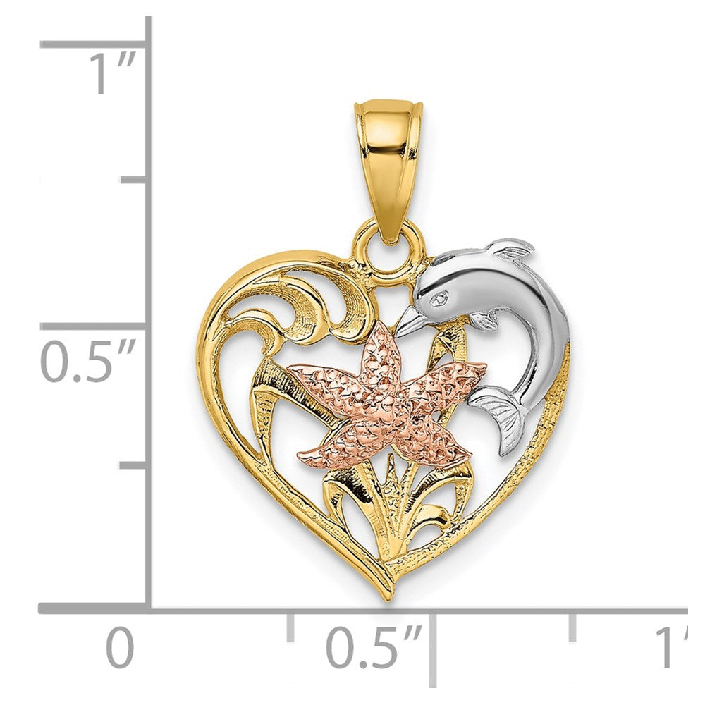 14k Two-tone 17.8 mm Dolphin and Starfish In Heart Charm (1.61 grams)