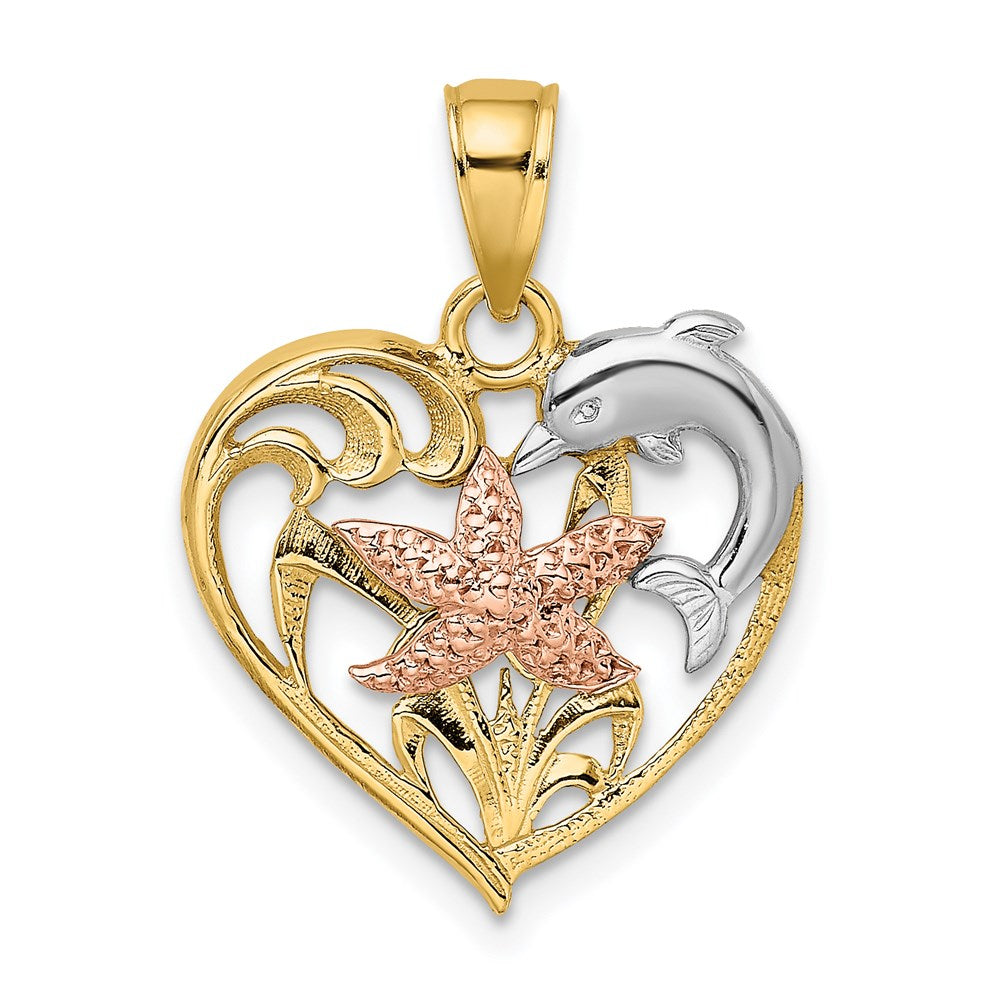 14k Two-tone 17.8 mm Dolphin and Starfish In Heart Charm (1.61 grams)