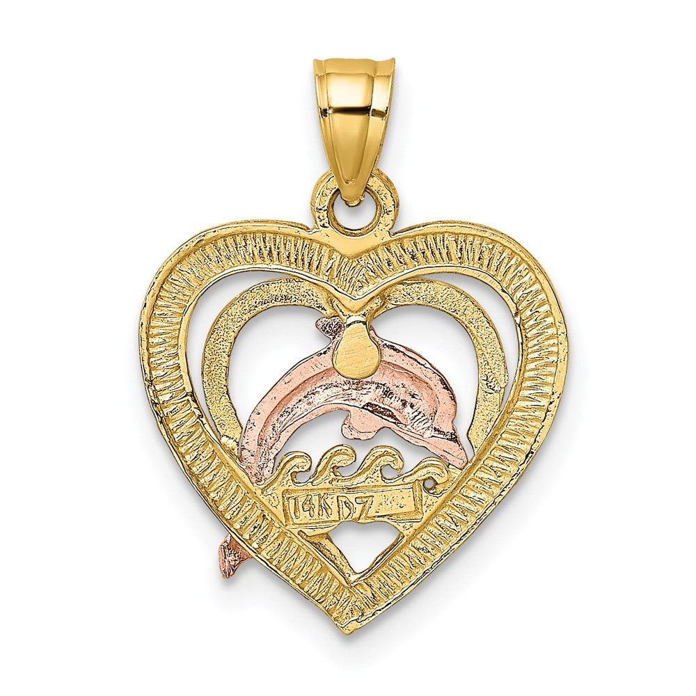 14k Two-tone 15.7 mm Dolphin In Heart Charm (1.21 grams)