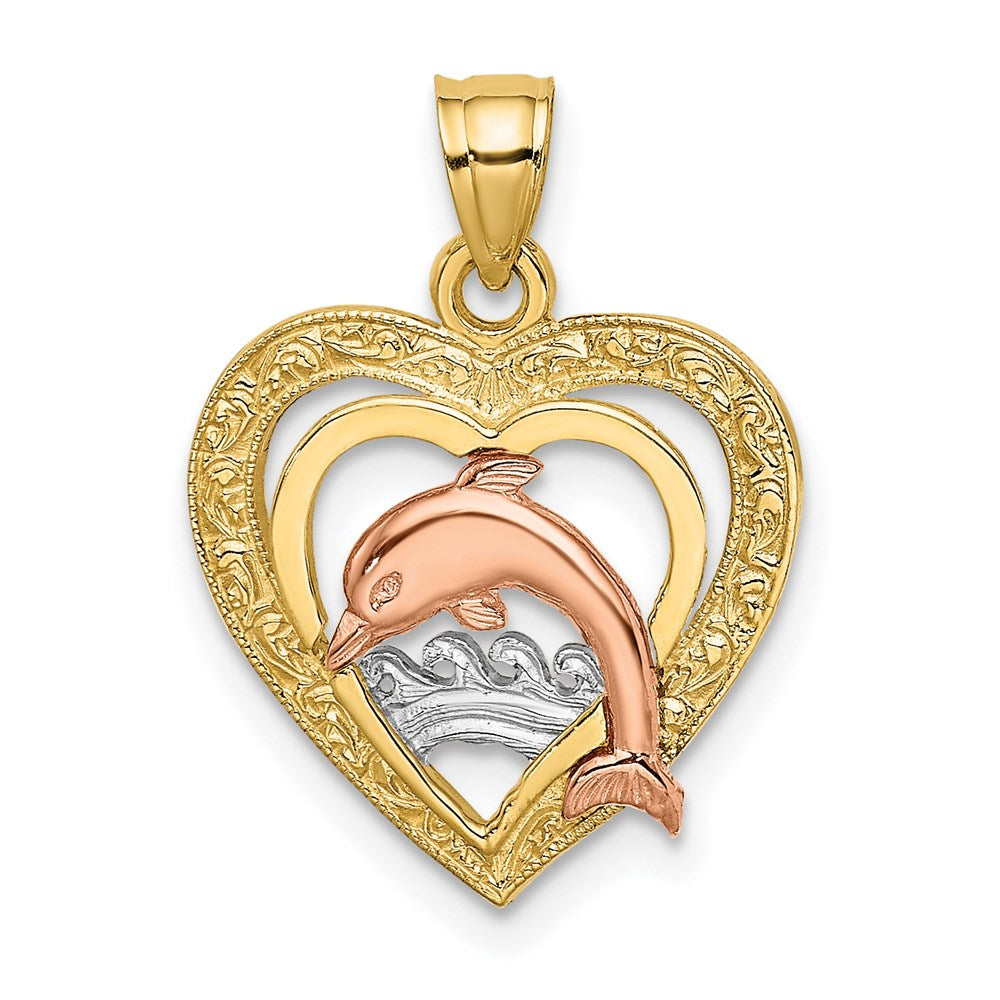 14k Two-tone 15.7 mm Dolphin In Heart Charm (1.21 grams)
