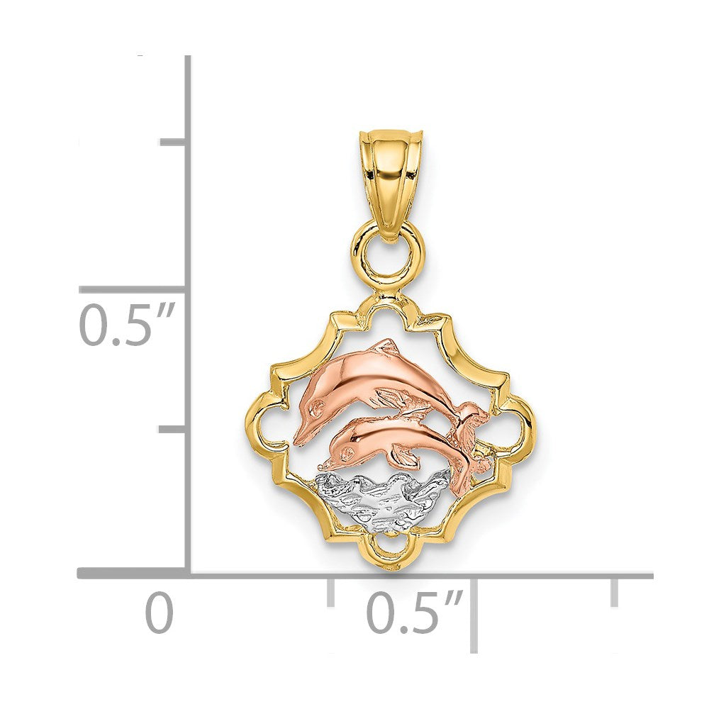 14k Two-tone 13.85 mm Double Dolphins In Frame Charm (0.97 grams)