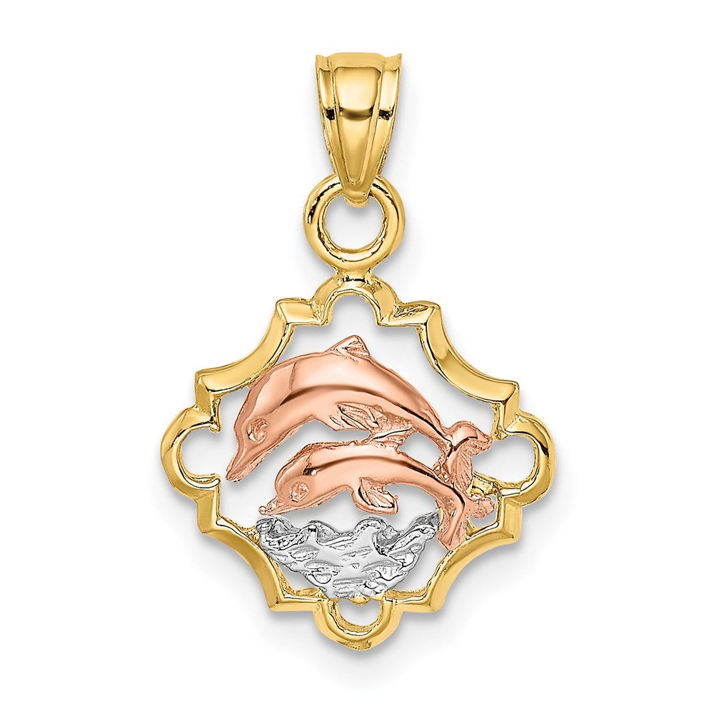14k Two-tone 13.85 mm Double Dolphins In Frame Charm (0.97 grams)