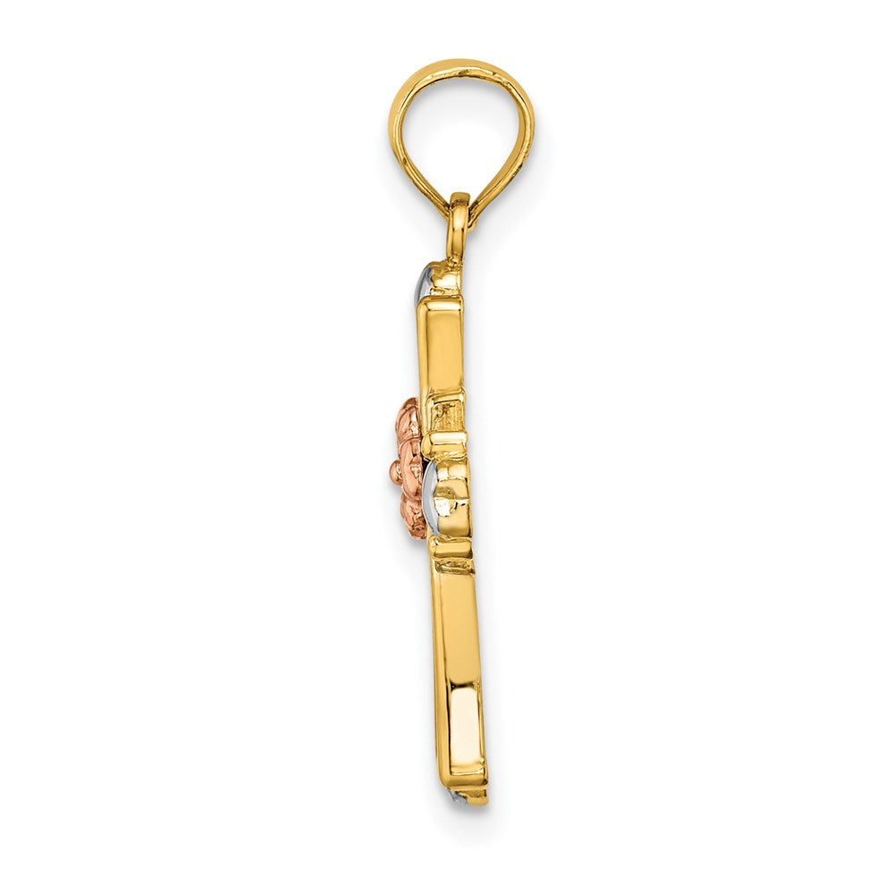 14k Two-tone 15 mm Cross w/Flower and Heart Charm (1.25 grams)