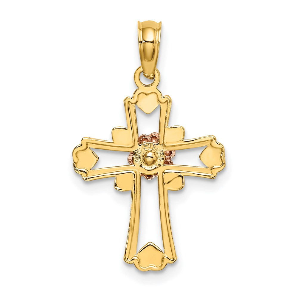 14k Two-tone 15 mm Cross w/Flower and Heart Charm (1.25 grams)