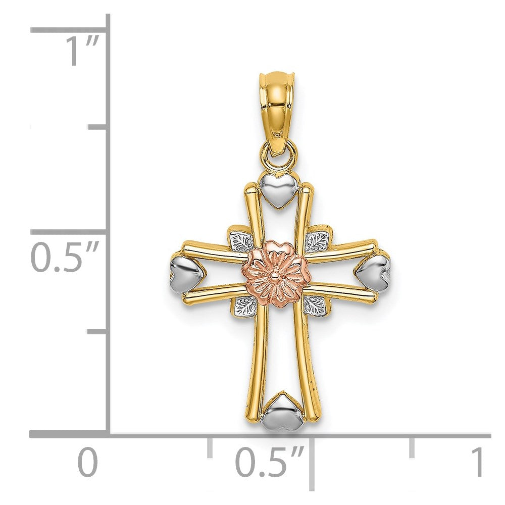 14k Two-tone 15 mm Cross w/Flower and Heart Charm (1.25 grams)