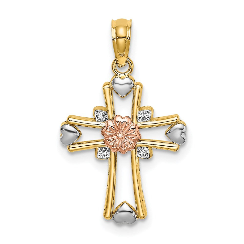 14k Two-tone 15 mm Cross w/Flower and Heart Charm (1.25 grams)