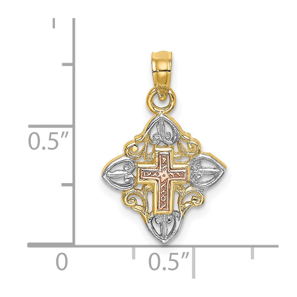 14k Two-tone 13 mm Cross Inside Frame Charm (0.95 grams)