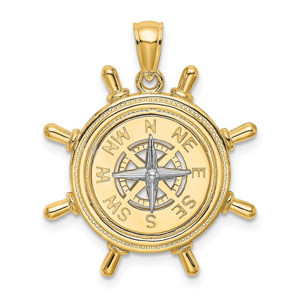 14k Two-tone 23.3 mm Two-tone Ship's Wheel w/ Nautical Compass Charm (5.65 grams)