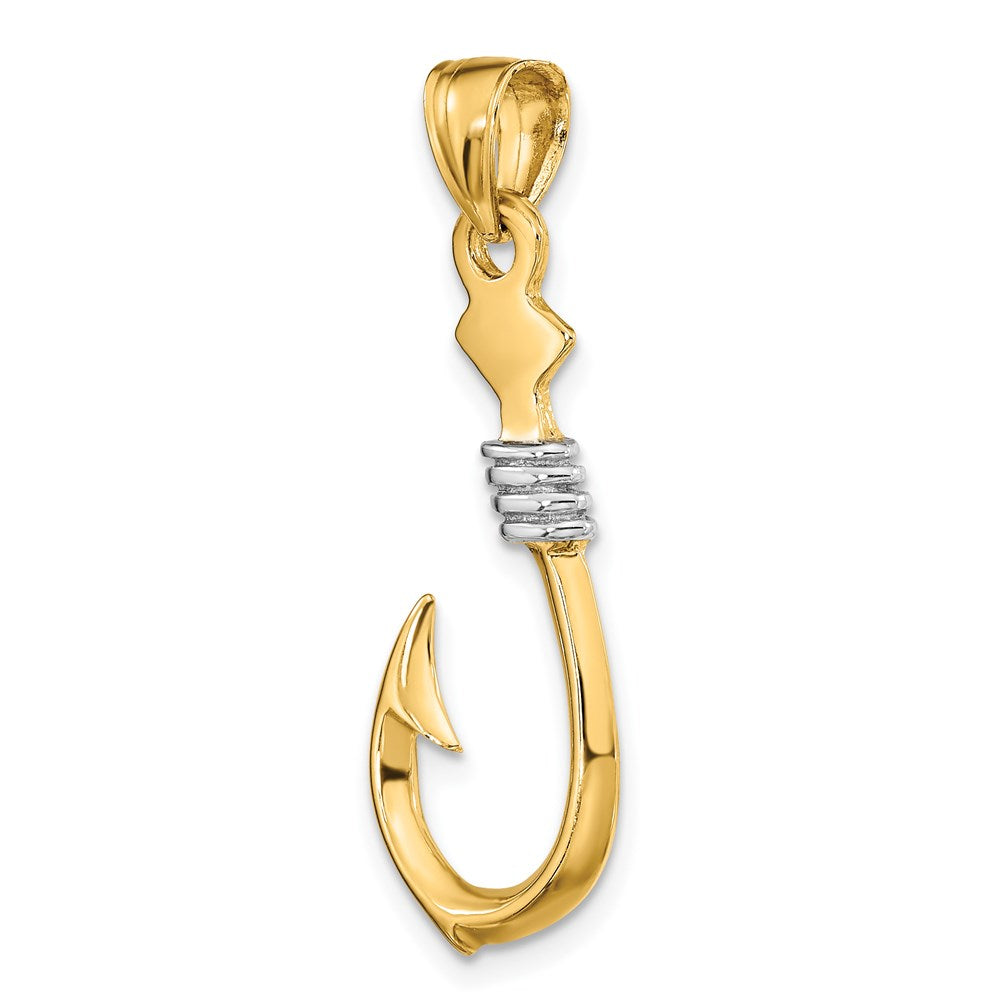 14k Yellow & Rhodium 12.5 mm 3-D Fish Hook With Rope Charm (2.5 grams)