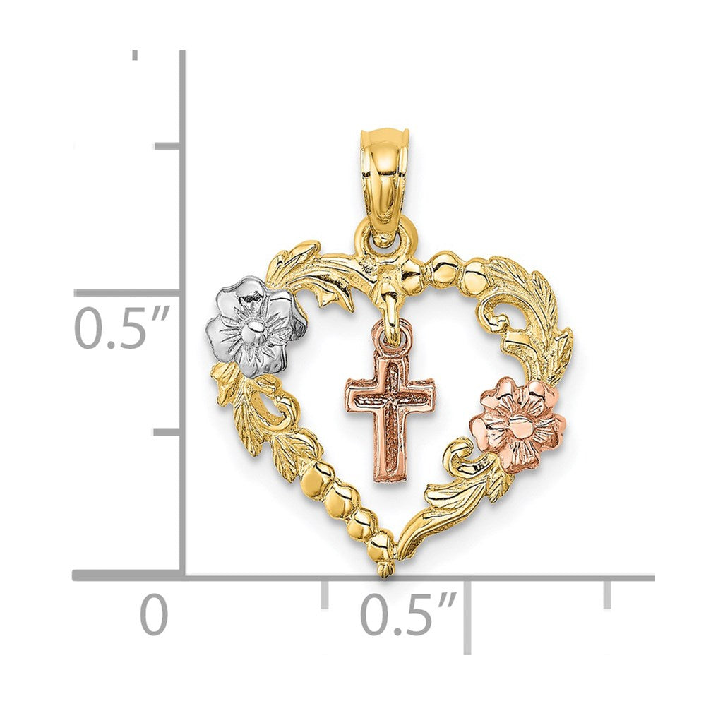14k Two-tone 17 mm Heart w/Cross and Flowers Charm (1.1 grams)