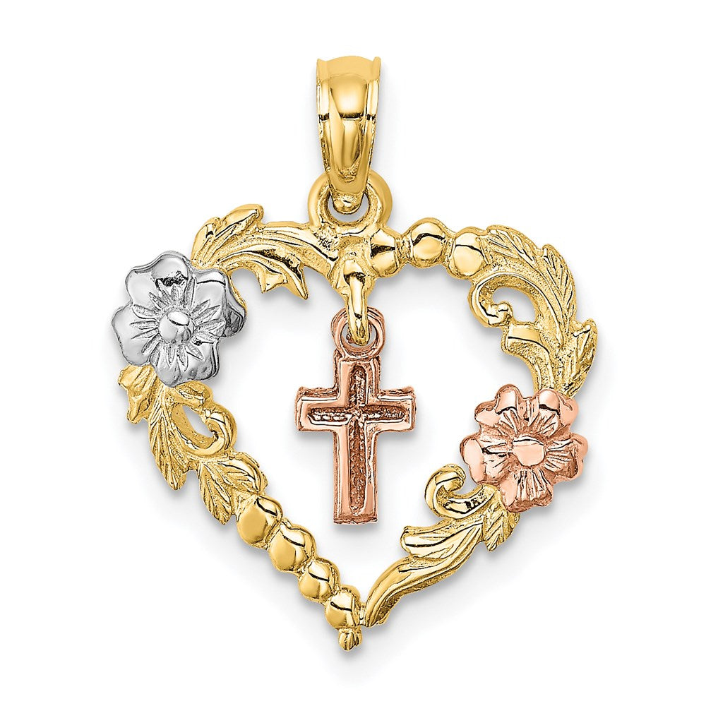 14k Two-tone 17 mm Heart w/Cross and Flowers Charm (1.1 grams)