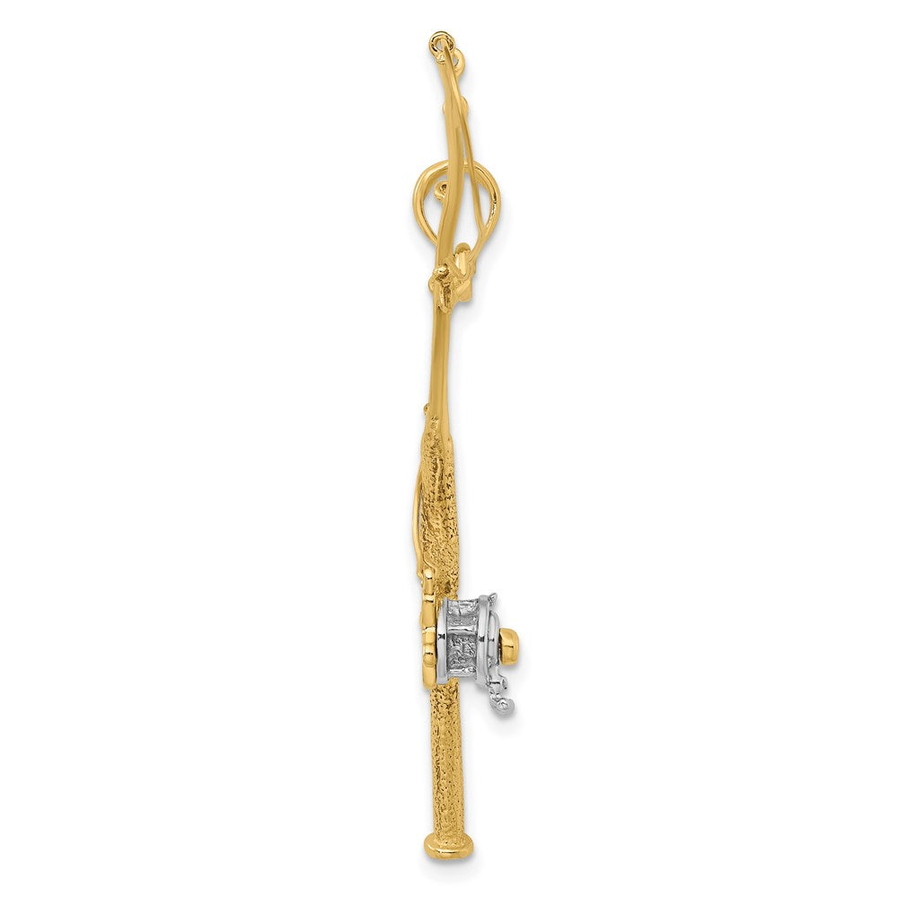 14k Yellow & Rhodium 17 mm 3-D Moveable Fishing Pole W/ Reel Charm (2.97 grams)