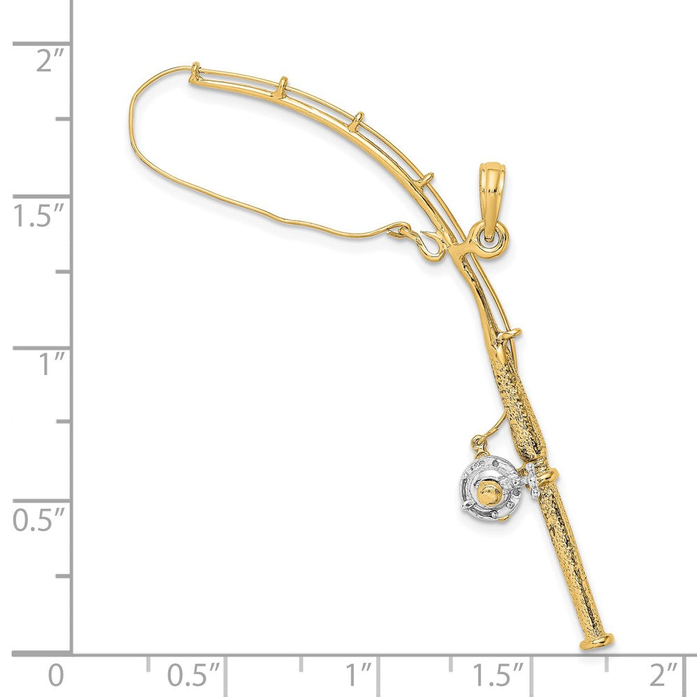 14k Yellow & Rhodium 17 mm 3-D Moveable Fishing Pole W/ Reel Charm (2.97 grams)
