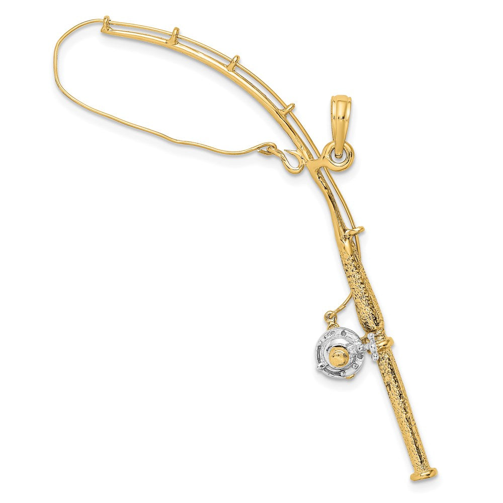 14k Yellow & Rhodium 17 mm 3-D Moveable Fishing Pole W/ Reel Charm (2.97 grams)