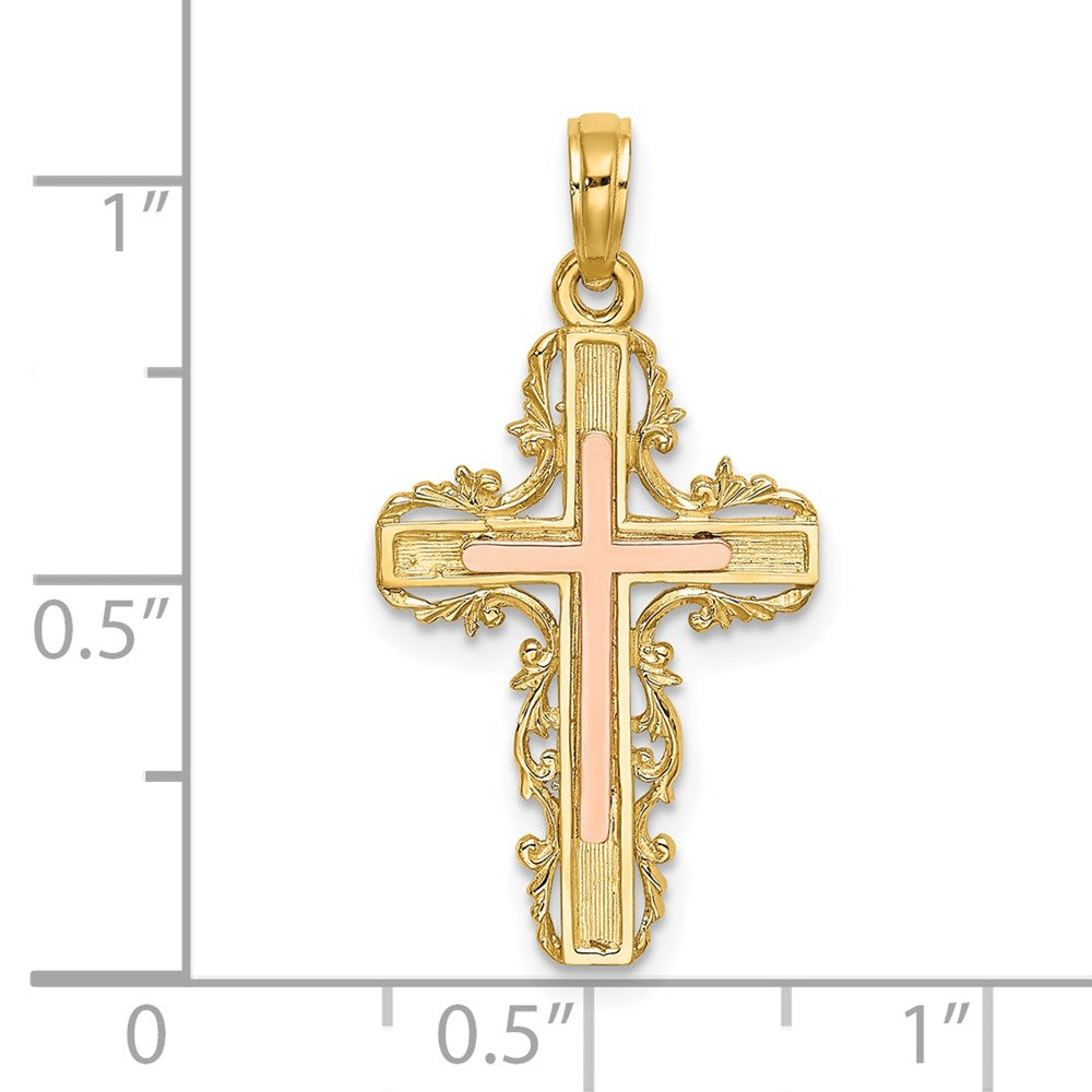 14k Two-tone 15 mm Two-Tone w/ Lace Trim Cross Charm (1.39 grams)