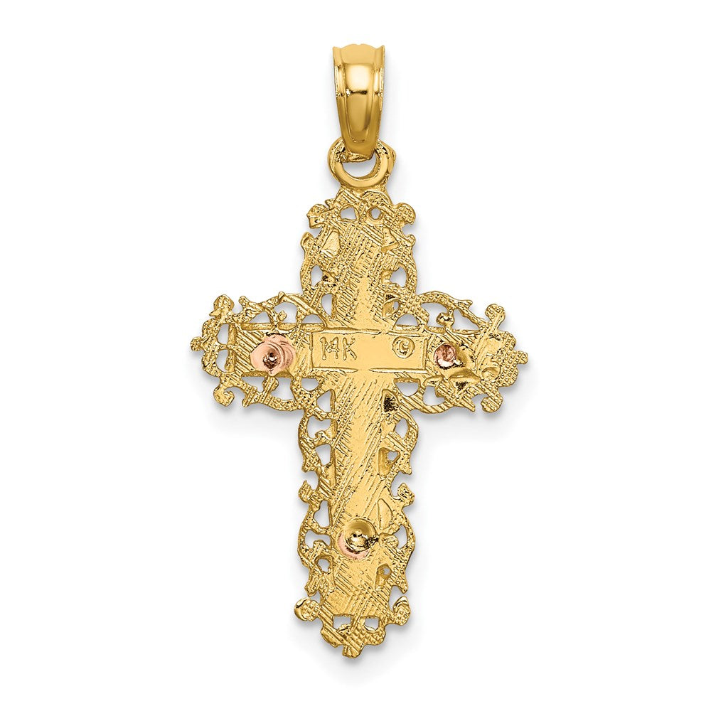 14k Two-tone 15 mm Two-Tone Cross w/ Lace Trim Charm (1.34 grams)