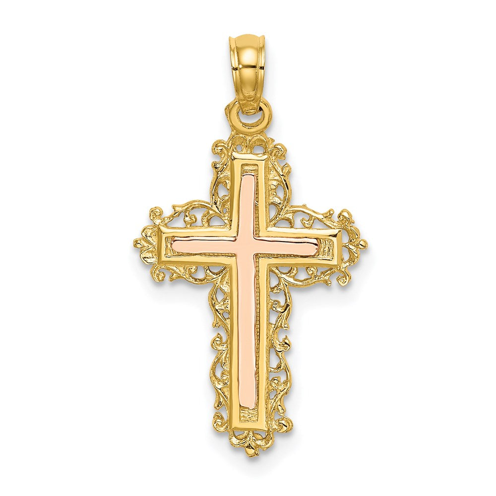 14k Two-tone 15 mm Two-Tone Cross w/ Lace Trim Charm (1.34 grams)