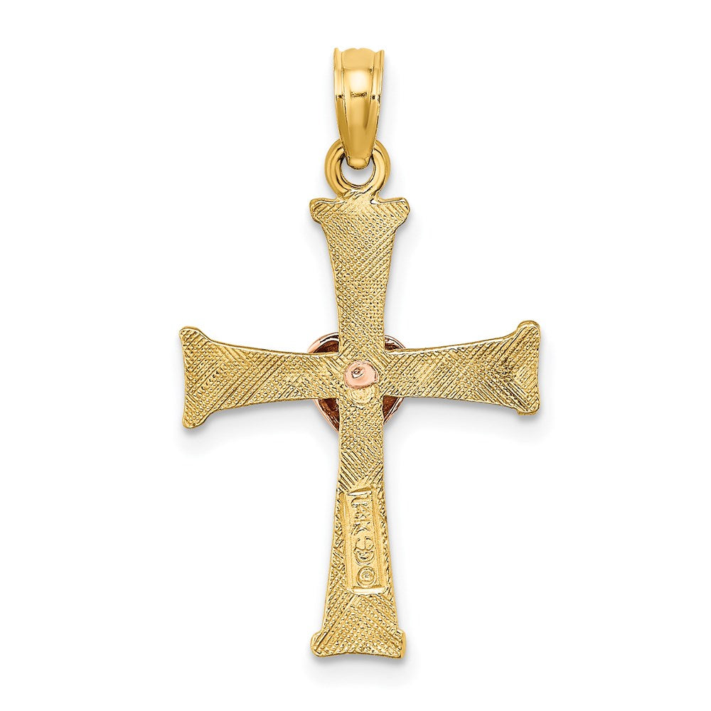 14k Two-tone 17 mm Two-Tone Textured Finish Cross w/ Heart Charm (1.29 grams)