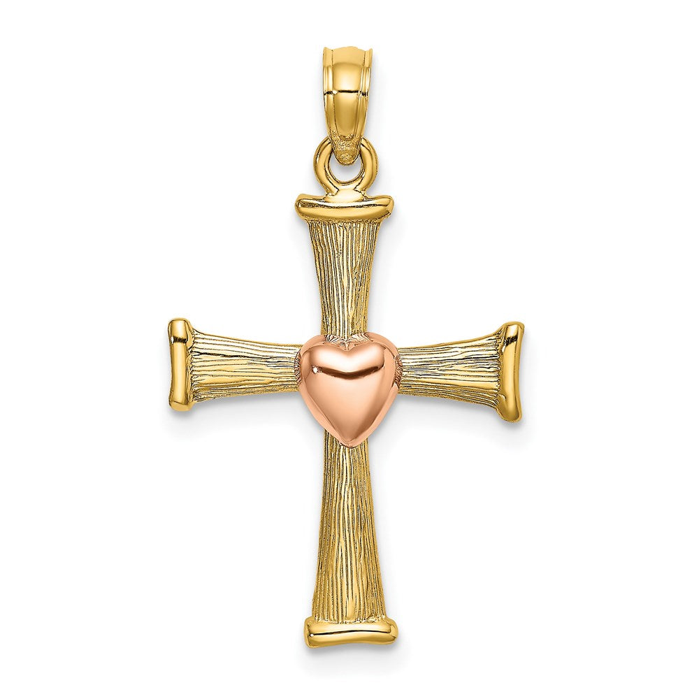 14k Two-tone 17 mm Two-Tone Textured Finish Cross w/ Heart Charm (1.29 grams)