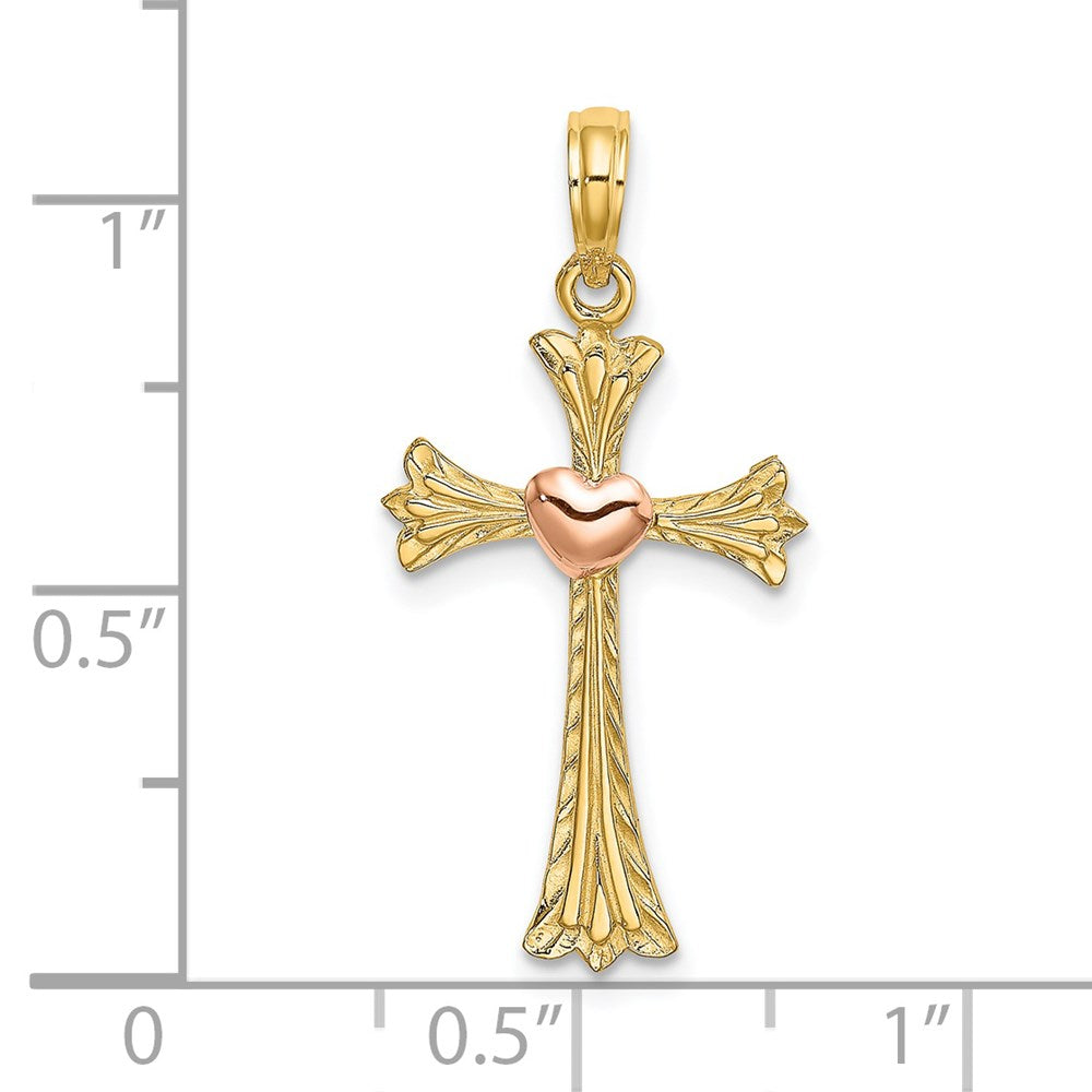 14k Two-tone 15 mm Two-Tone Textured Cross w/ Heart Charm (1.04 grams)
