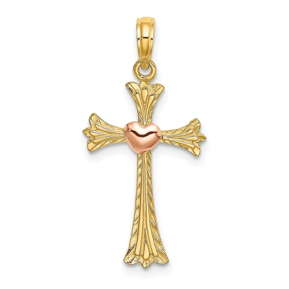14k Two-tone 15 mm Two-Tone Textured Cross w/ Heart Charm (1.04 grams)