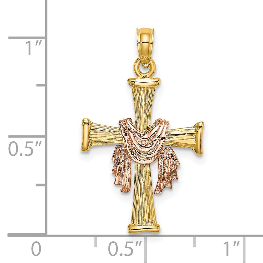 14k Two-tone 15.5 mm 14l Two-Tone Textured Finish Cross w/ Drape Charm (1.39 grams)