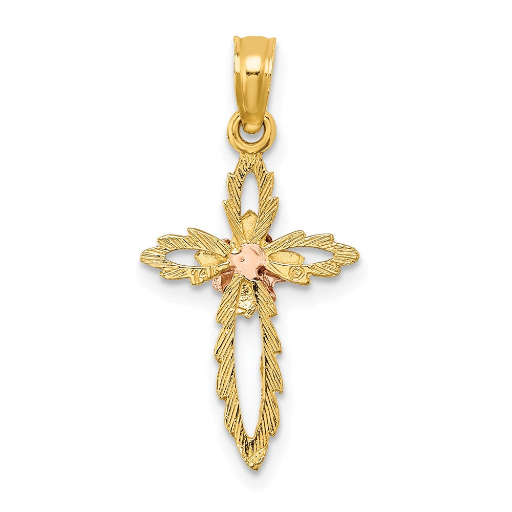 14k Two-tone 13 mm Cut-Out Cross w/ Flower Charm (0.66 grams)