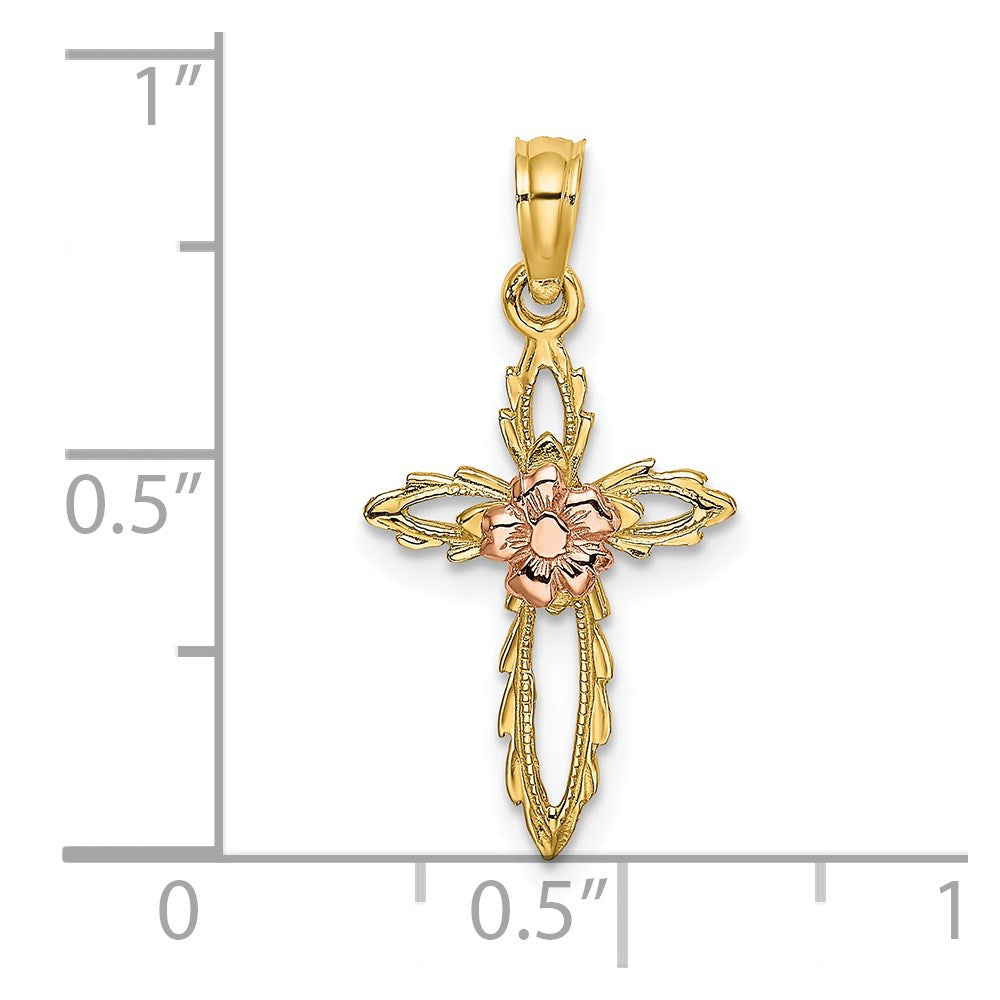 14k Two-tone 13 mm Cut-Out Cross w/ Flower Charm (0.66 grams)